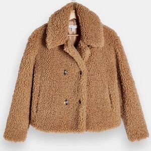 Top Shop Women’s Crop Faux Fur  Double-Breasted Soft fuzzy sherpa Coat Tan US 6